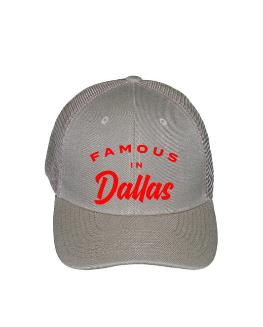 Famous in dallas khaki and red trucker hat